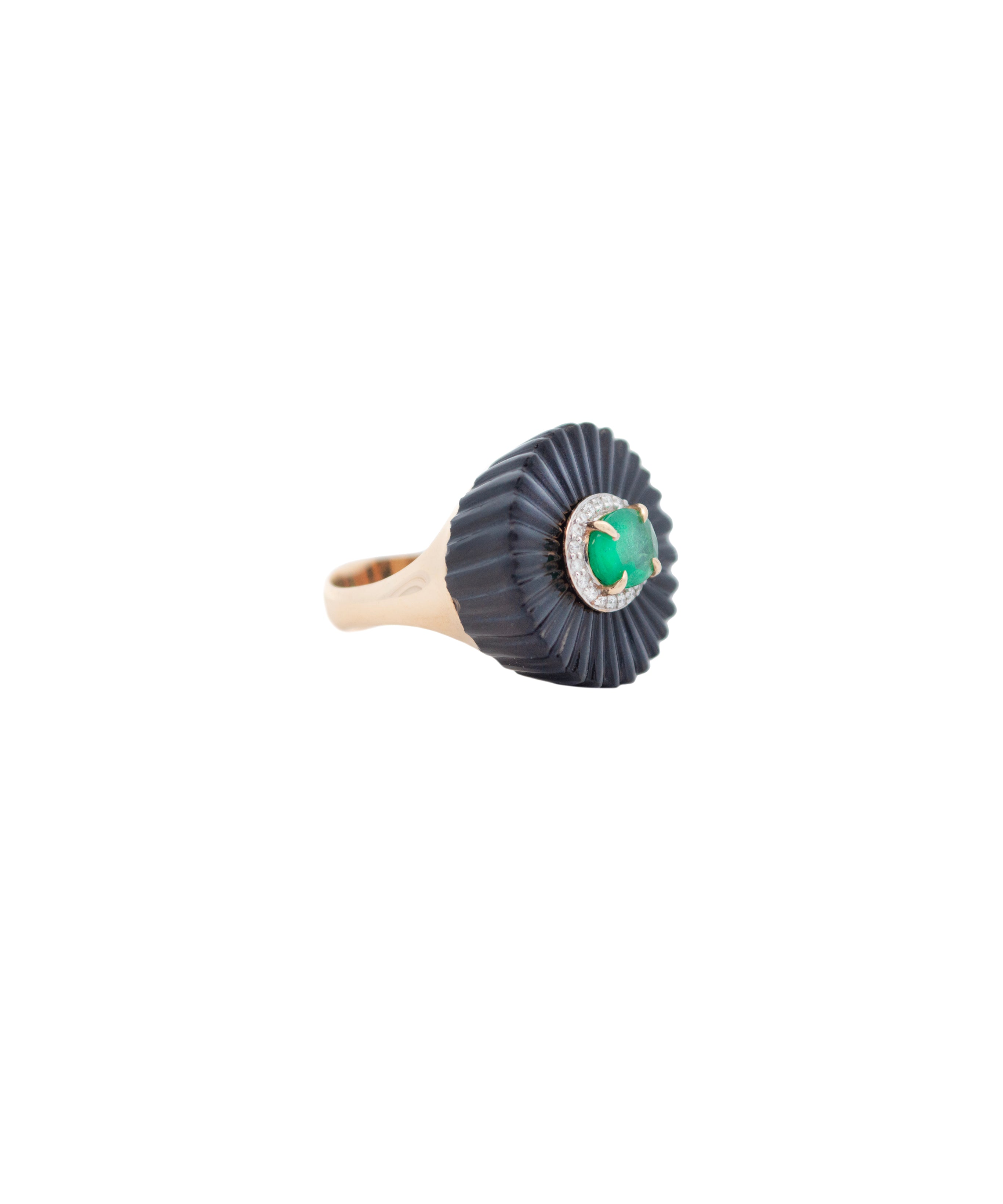 18.65ct Diamond Emerald Onyx 18K Gold Flower Cocktail Ring