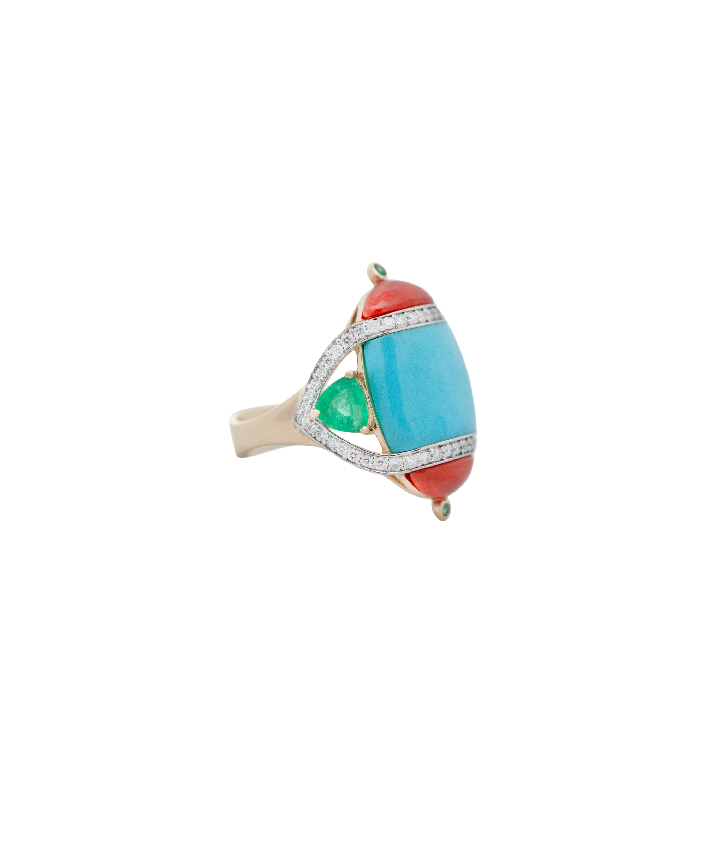 8.97ct Diamond Emerald Turquoise Coral 18K Gold Cocktail Ring