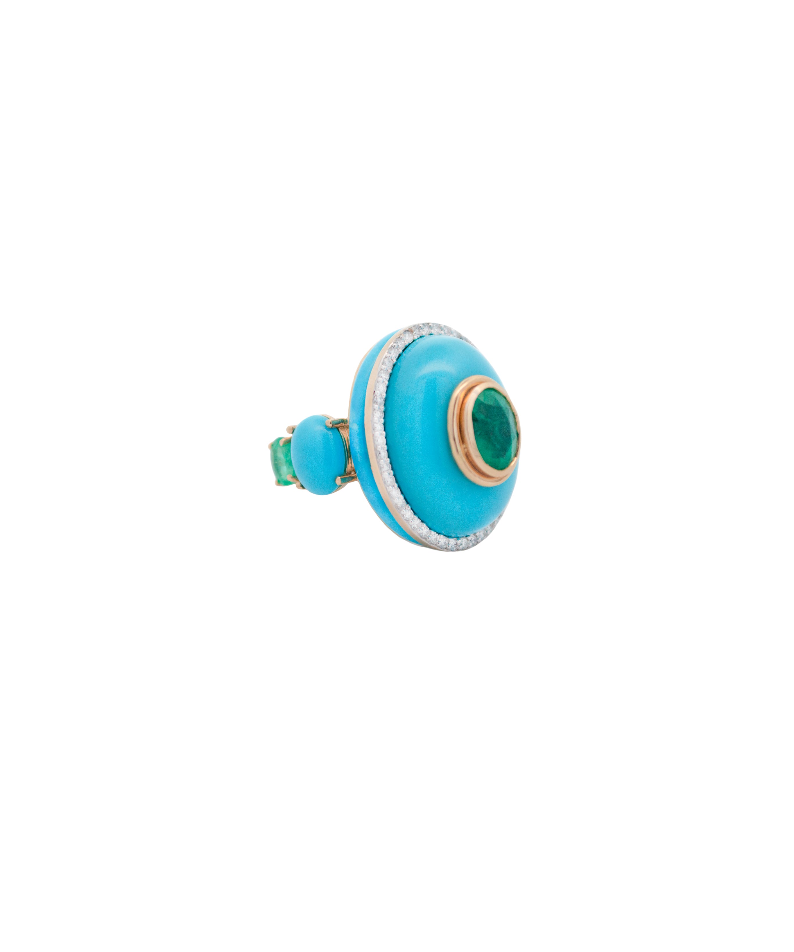 29.2ct Diamond Emerald Turquoise 18K Gold Cocktail Ring