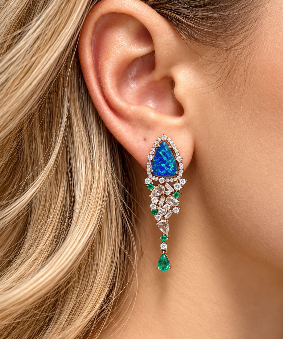 5.87ct Emerald Opal Diamond 18K Gold Drop Earrings