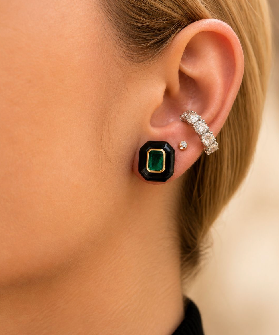 2.51ct Emerald Enamel 14K Gold Bezel Stud Earrings