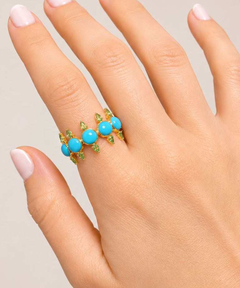 6.18ct Emerald Turquoise 18K Gold Open Shank Ring