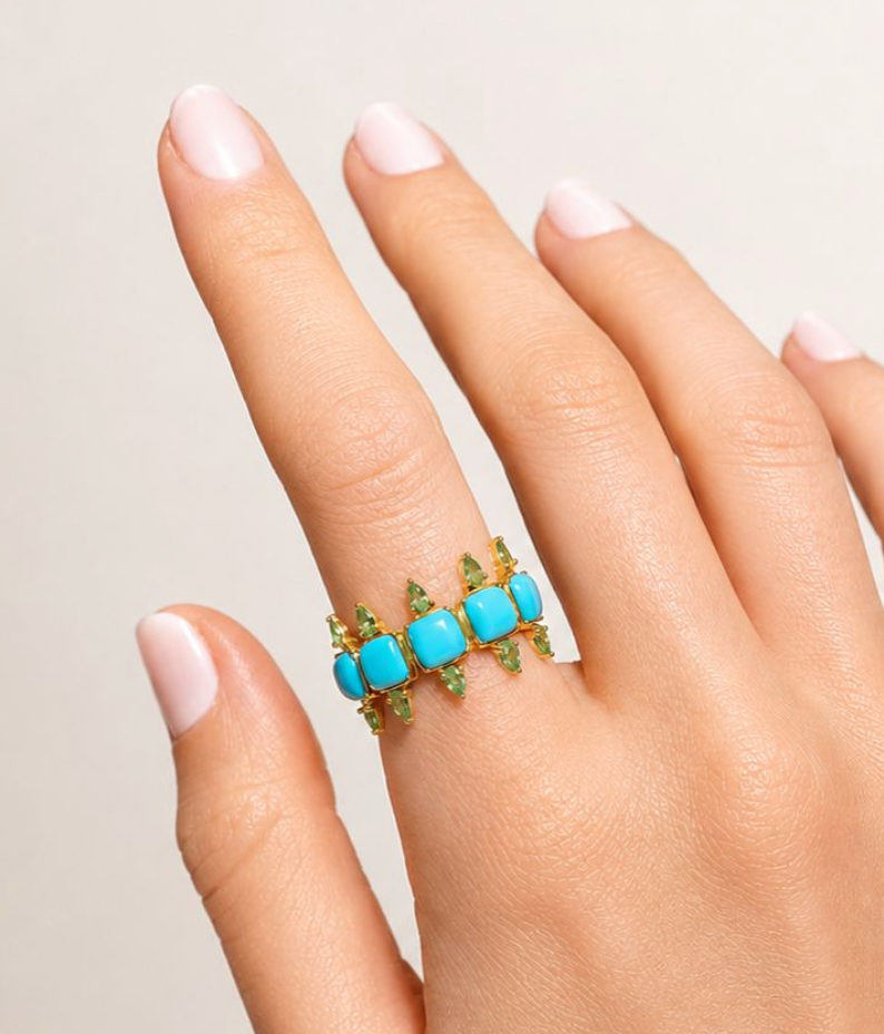 6.50ct Emerald Turquoise 18K Gold Spike Ring