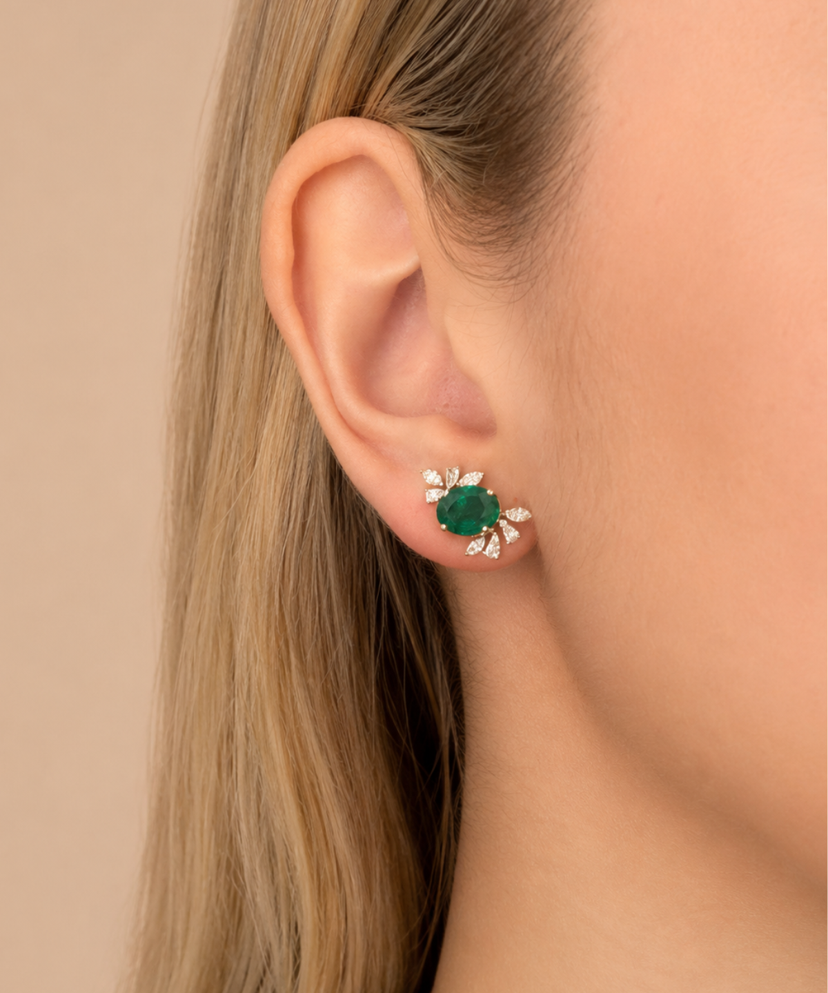3.56ct Emerald Diamond 18K Gold Leaf Stud Earrings