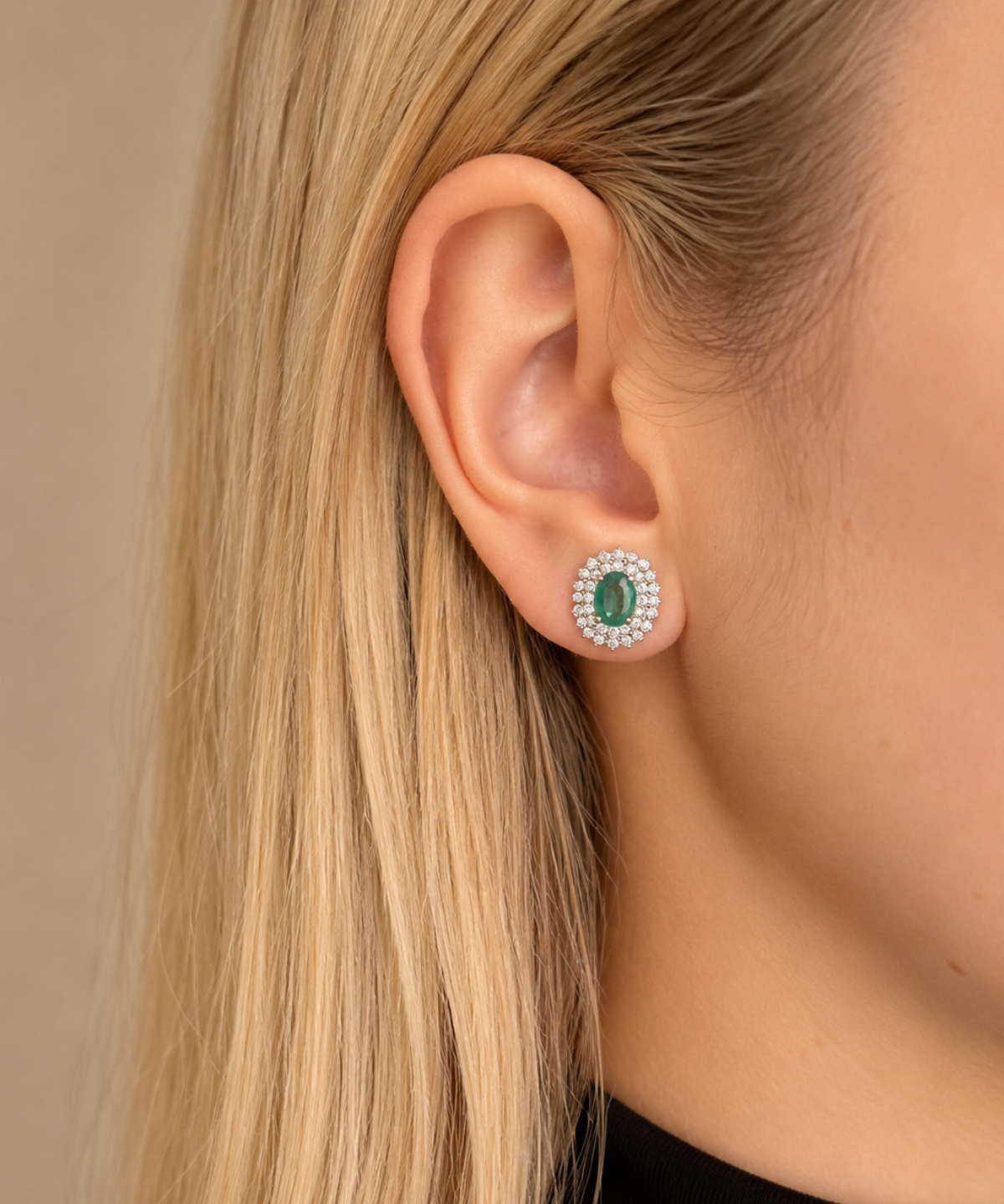2.00ct Emerald Diamond 18K Gold Halo Earrings