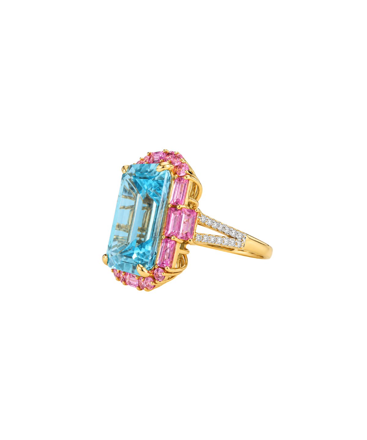 14.26ct Diamond Blue Topaz Pink Sapphire 18K Gold Halo Cocktail Ring