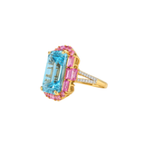 14.26ct Diamond Blue Topaz Pink Sapphire 18K Gold Halo Cocktail Ring