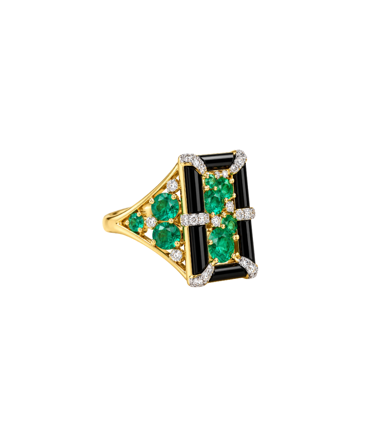 3.18ct Diamond Emerald Onyx 18K Gold Cocktail Ring