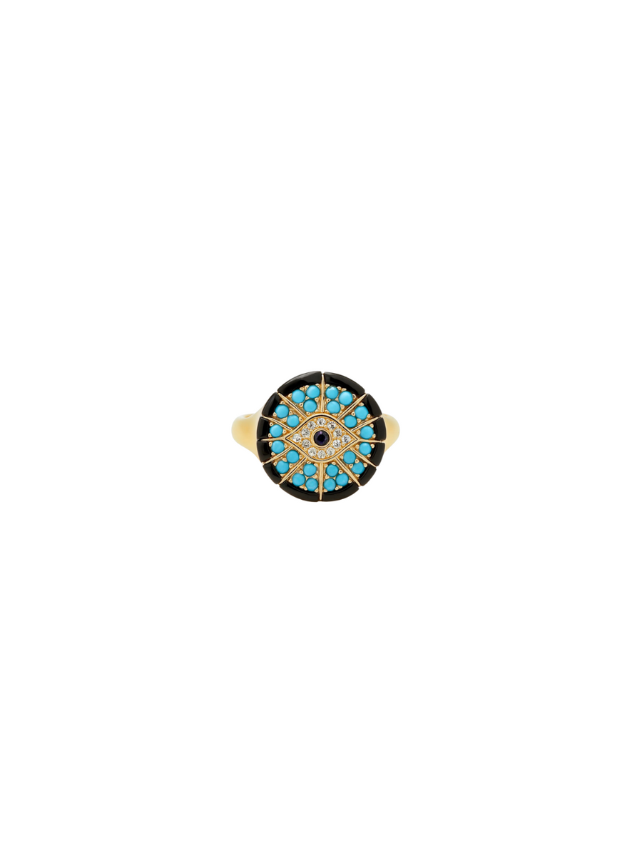 0.55ct Diamond Sapphire Turquoise 14K Gold Evil Eye Ring
