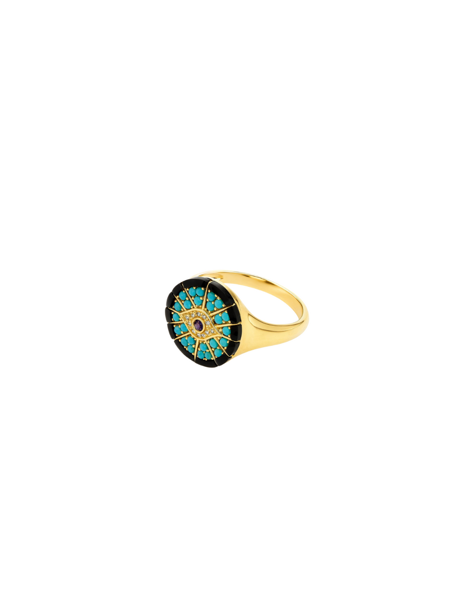 0.55ct Diamond Sapphire Turquoise 14K Gold Evil Eye Ring
