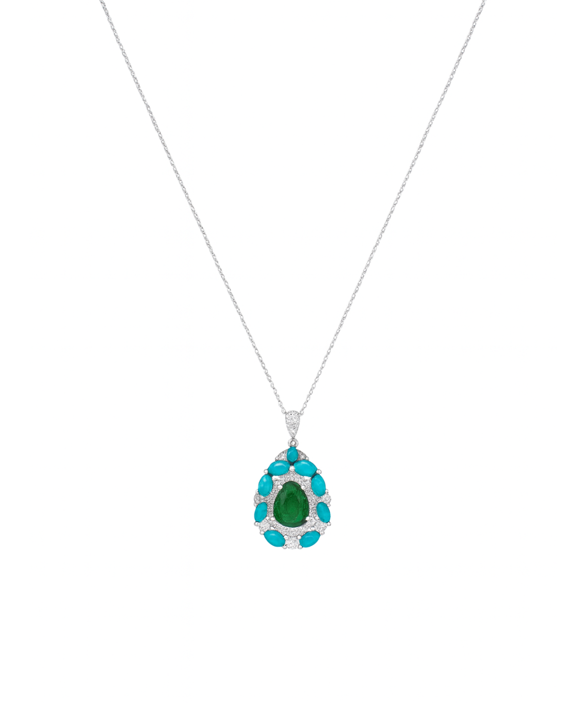 1.80ct Diamond Emerald Turquoise 18K Gold Pendant Chain Necklace