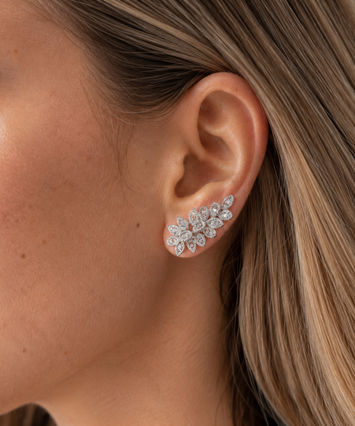 1.36ct Diamond 18K Gold Leaf Climber Baguette Earrings