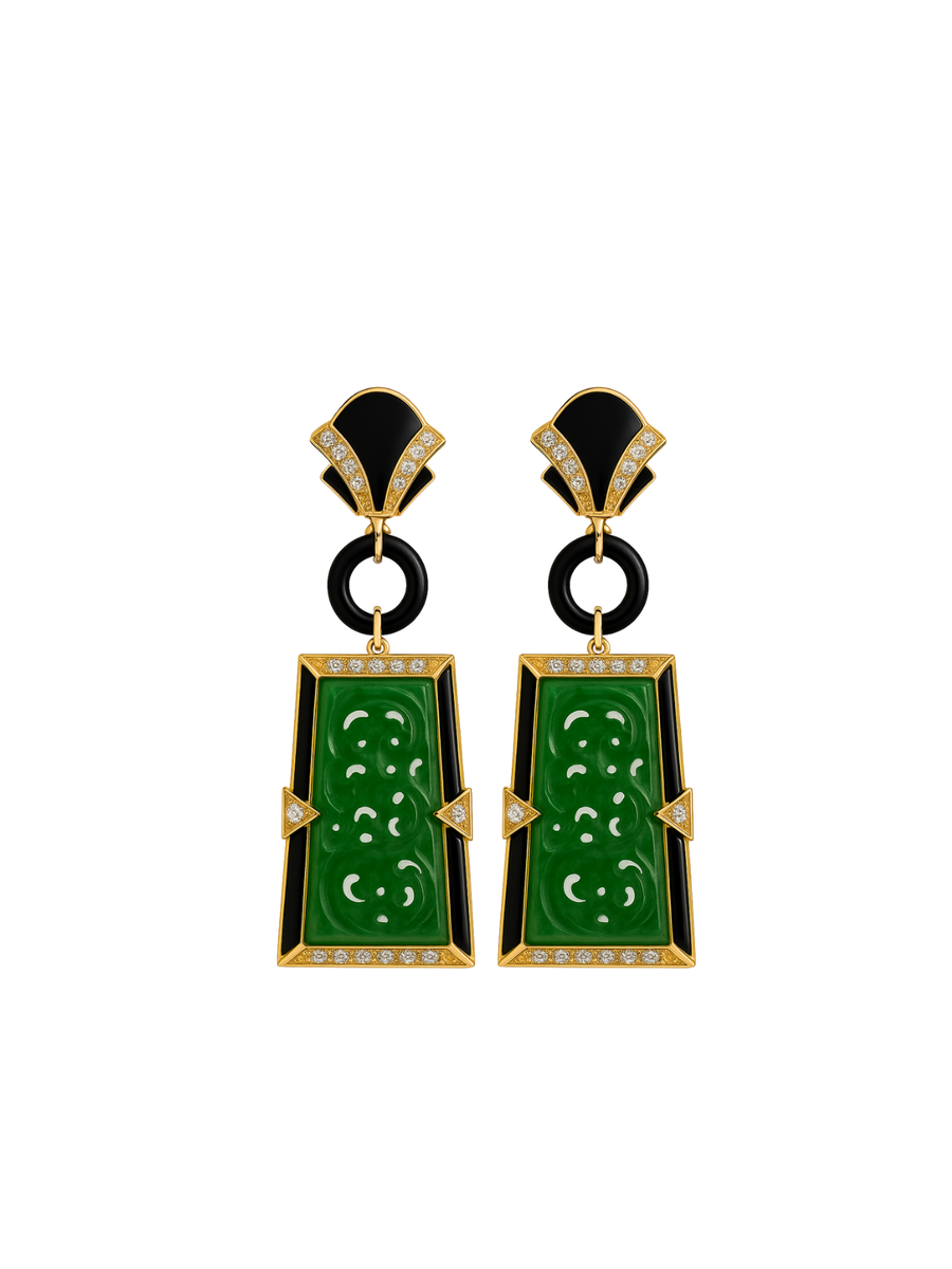 12.94ct Diamond Jade Onyx 18K Gold Statement Earrings