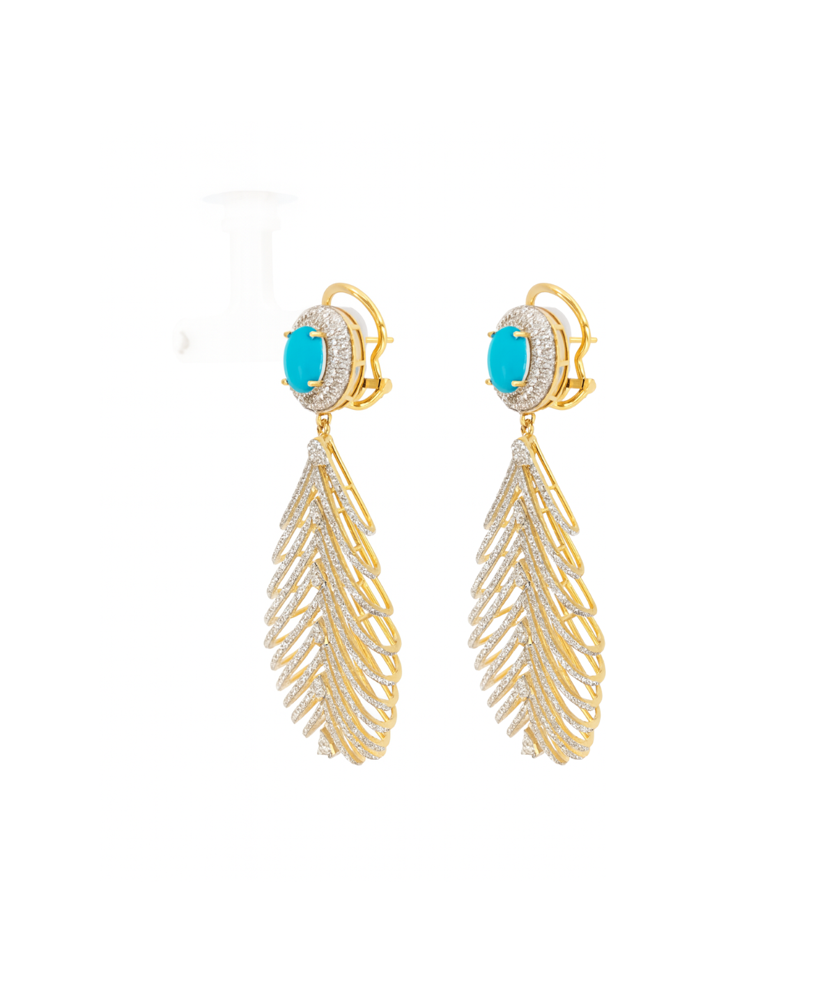 5.26ct Diamond Turquoise 18K Gold Feather Earrings