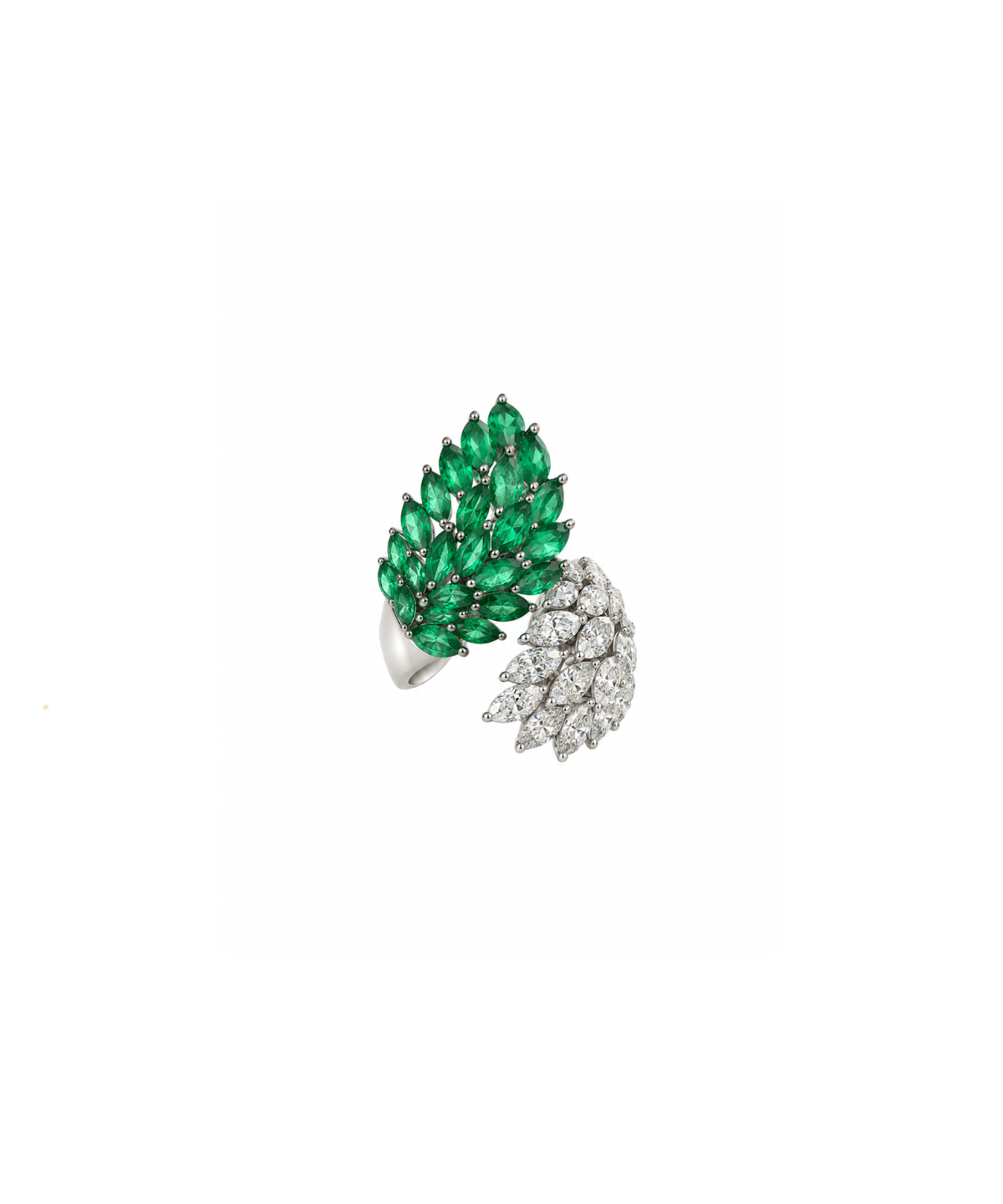 6.70ct Diamond Emerald 18K Gold Cluster Leaf Bypass Ring
