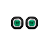 13.94ct Diamond Emerald Black Onyx 18K Gold Halo Earrings
