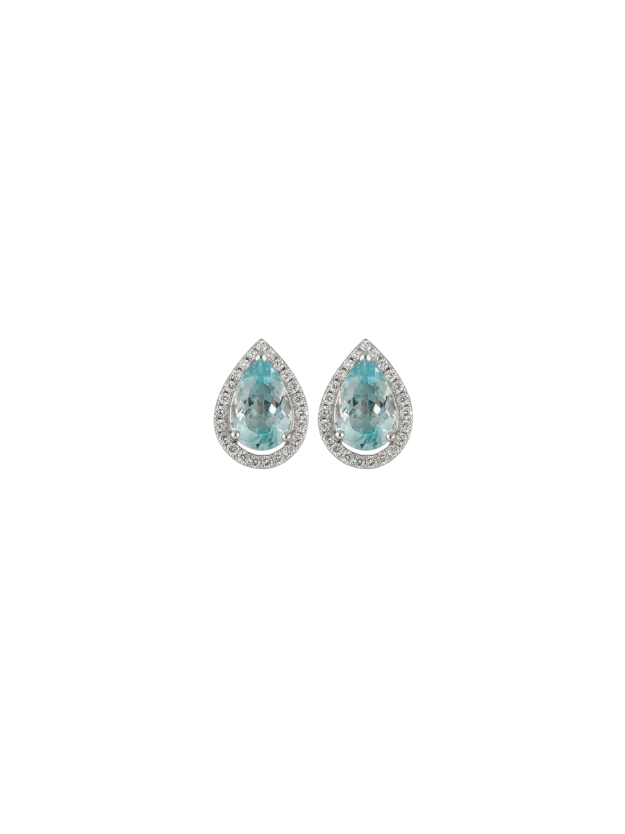 6.16ct Diamond Aquamarine 18K Gold Pear Halo Stud Earrings
