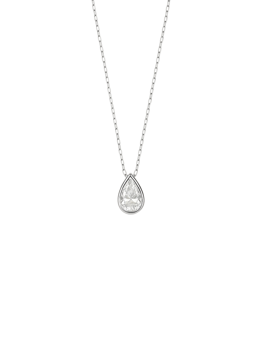 0.94ct Diamond 18K Gold Pear Bezel Pendant Chain Necklace