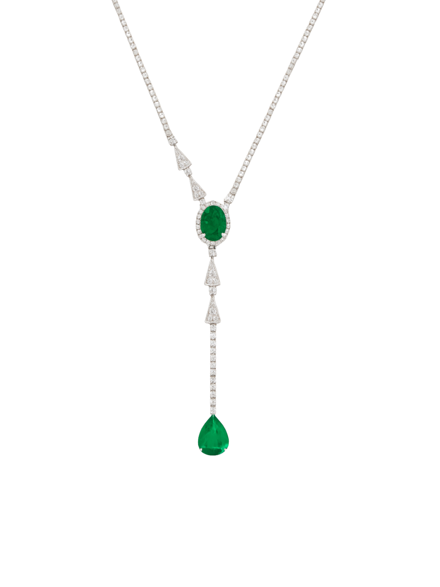 5.30ct Diamond Emerald 18K Gold Lariat Drop Necklace