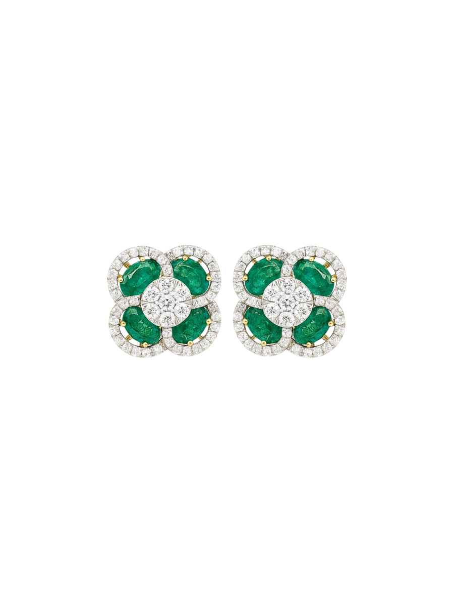 5.73ct Diamond Emerald 14K Gold Flower Cluster Earrings