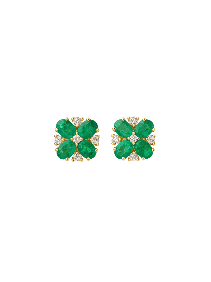 0.15ct Emerald Diamond 14K Gold Flower Earrings