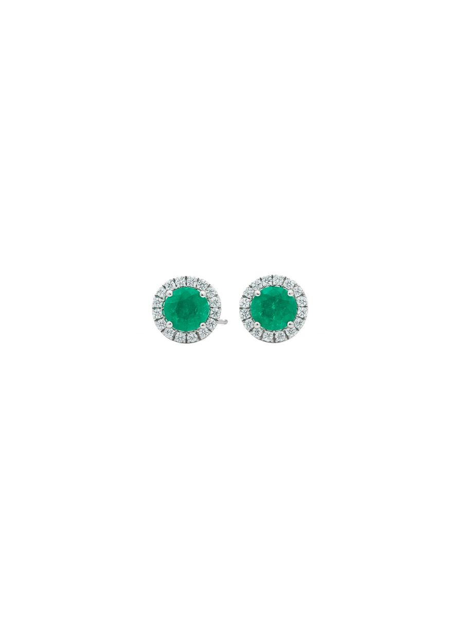 0.75ct Diamond Emerald 18K Gold Dainty Halo Stud Earrings