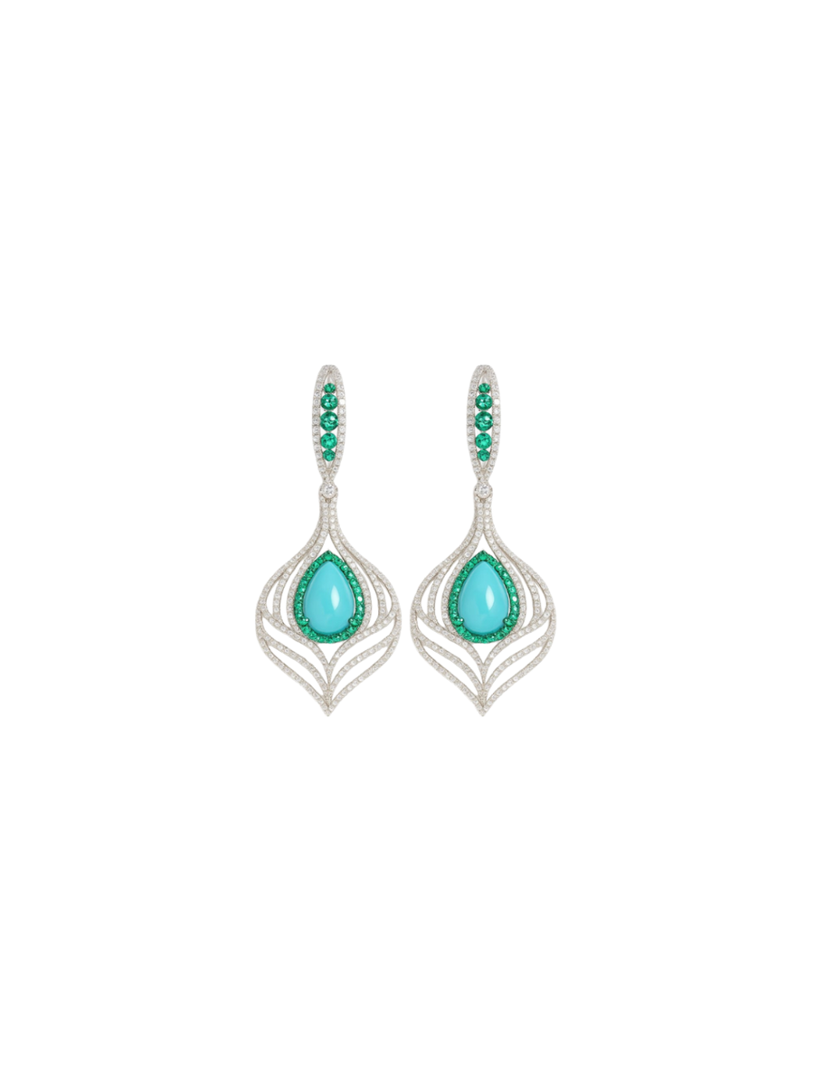 7.21ct Diamond Emerald Turquoise 18K Gold Statement Drop Earrings