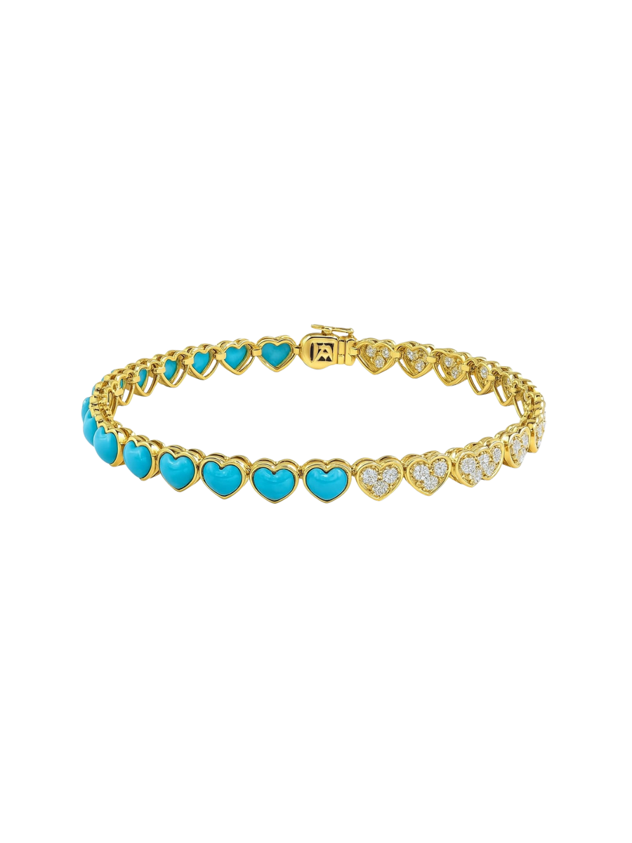 7.16ct Turquoise Diamond 14K Gold HeartTennis Bracelet