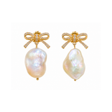 40.00ct Diamond Pearl 18K Gold Bow Drop Earrings