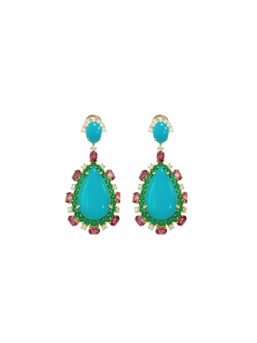 20.74ct Turquoise Diamond 14K Gold Drop Earrings