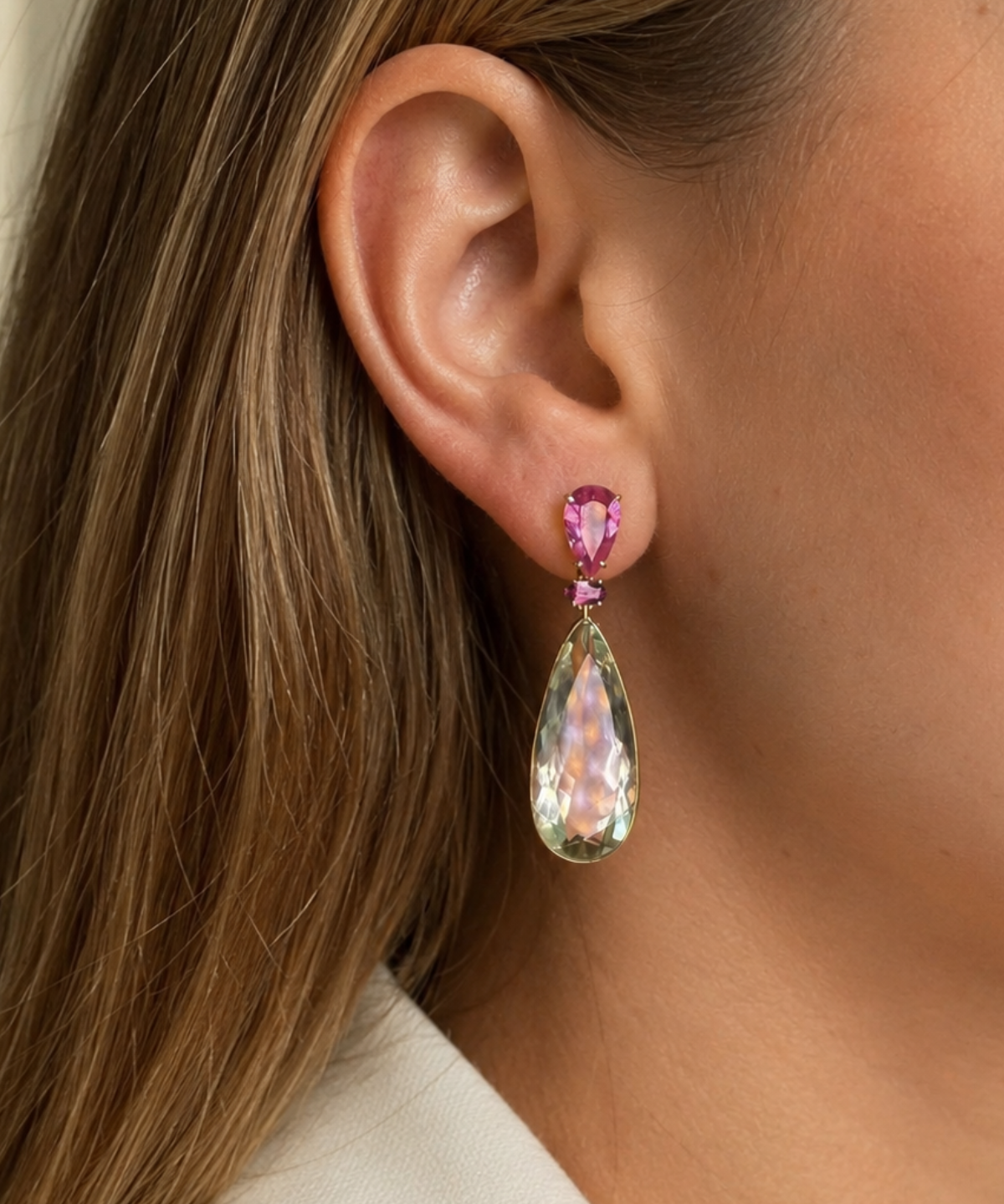 35.38ct Amethyst Tourmaline 18K Gold Pear Drop Earrings
