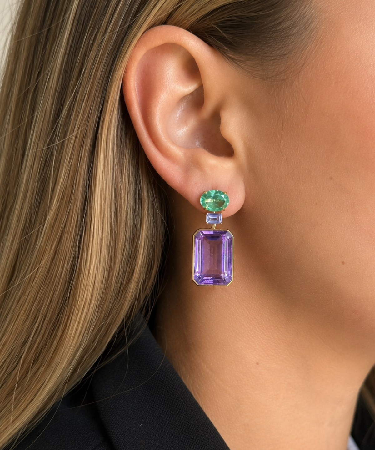 47.98ct Amethyst Apatite Tanzanite 18K Gold Drop Earrings