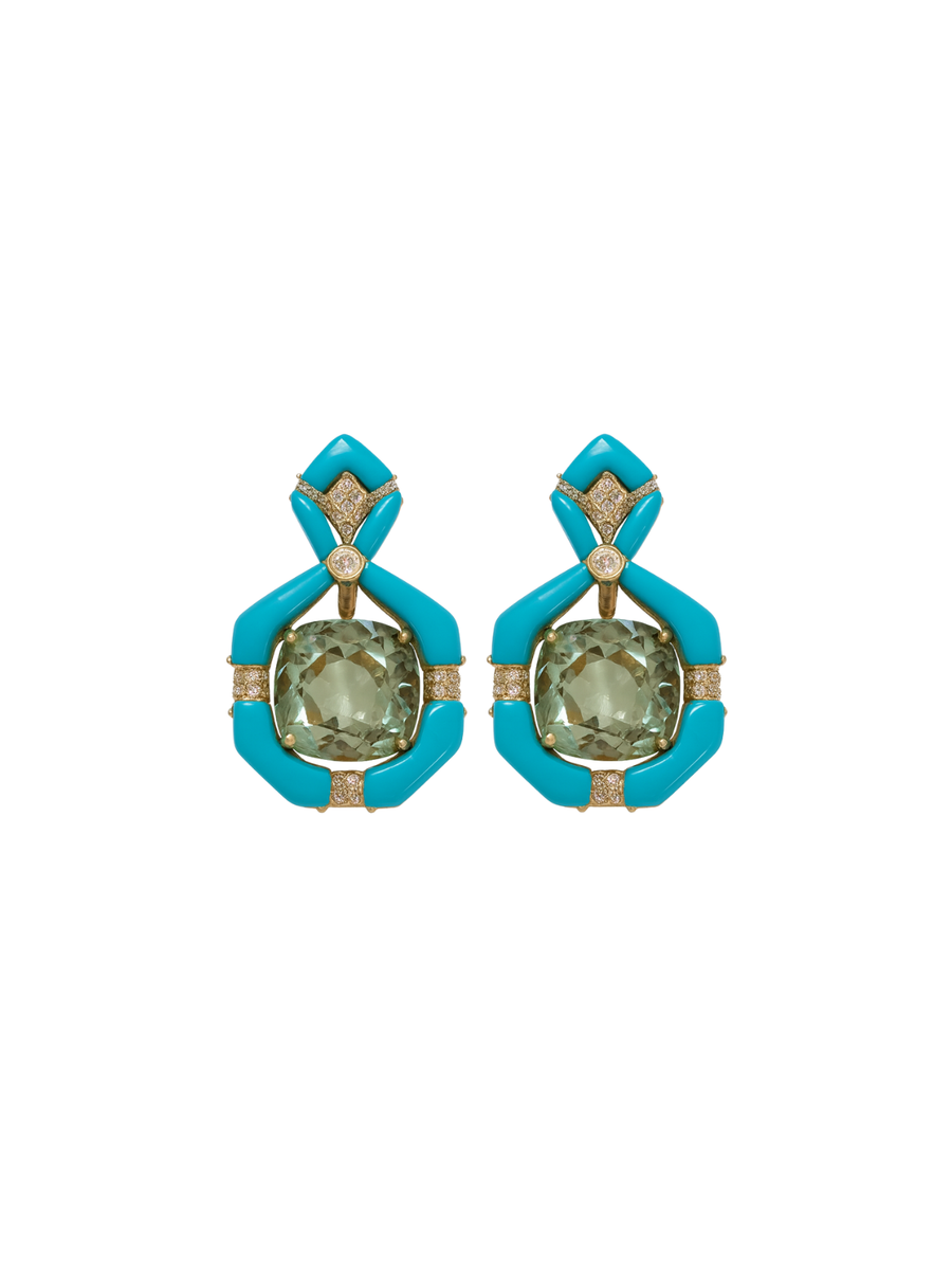 32.25ct Diamond Turquoise Green Amethyst  18K Gold Earrings