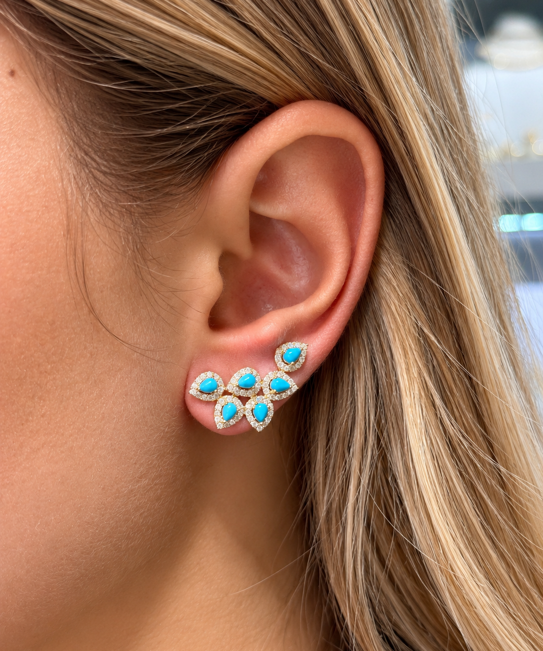 1.06ct Turquoise Diamond 18K Gold Cluster Climber Earrings