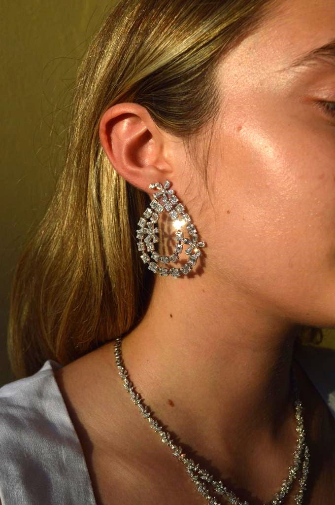 5.85ct Diamond 14K Gold Statement Flower Baguette Earrings