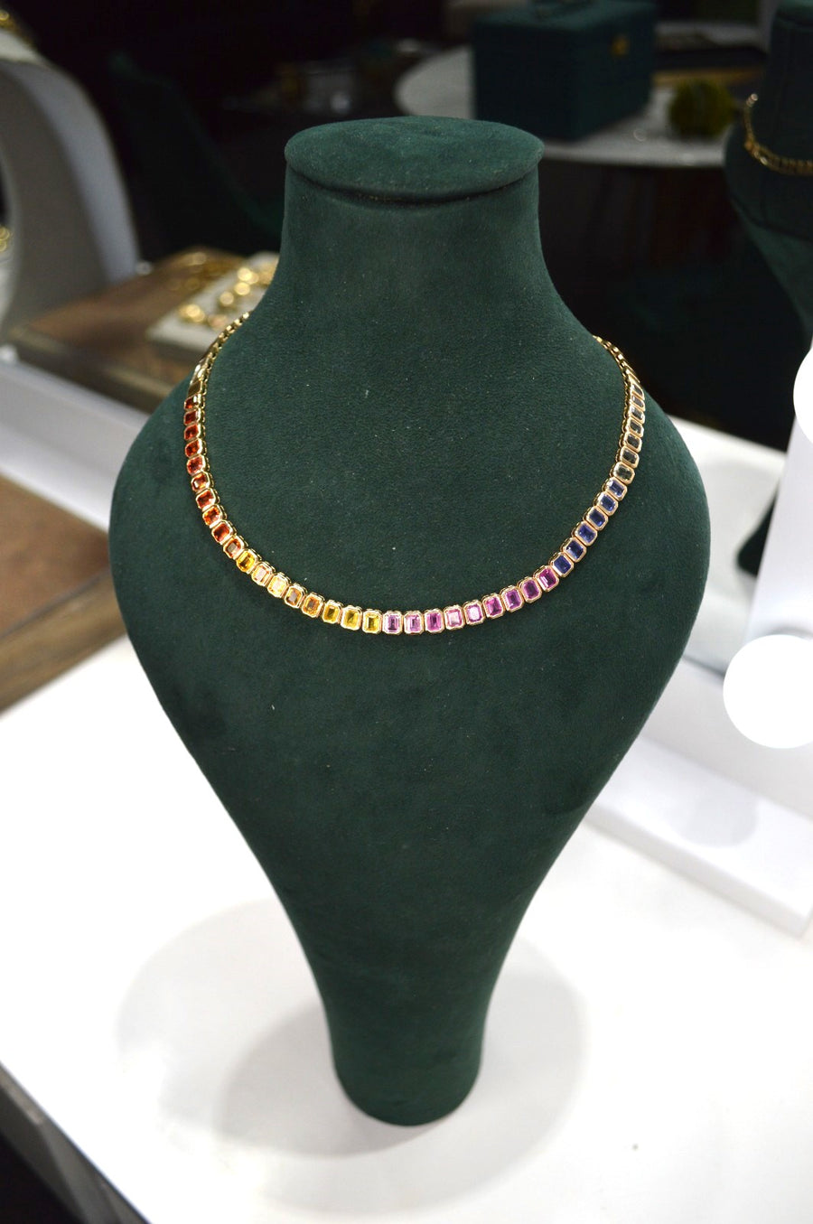 20.31ct Multi Color Sapphire 14K Gold Emerald Cut Half Necklace
