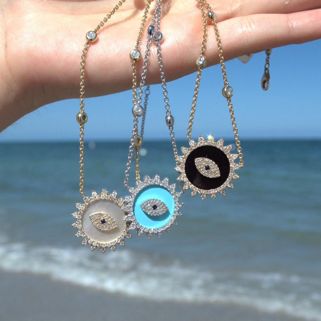 1.80ct Diamond Mother Of Pearl 14K Gold Evil Eye Pendant Chain Necklace