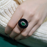 18.65ct Diamond Emerald Onyx 18K Gold Flower Cocktail Ring