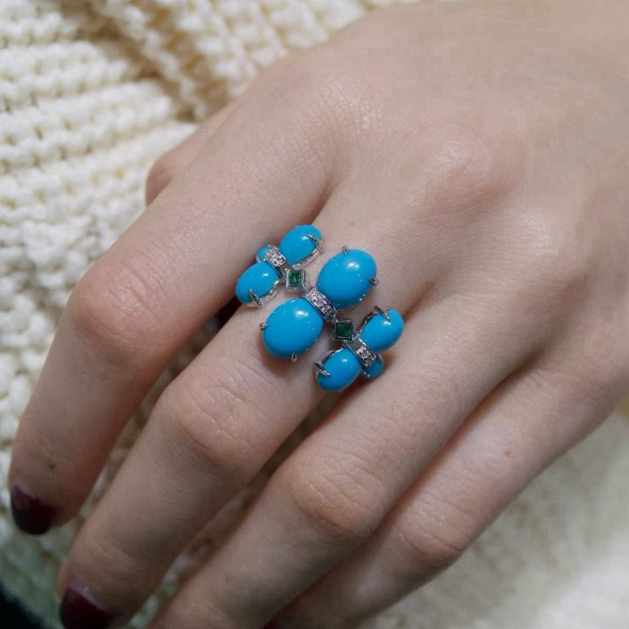 8.55ct Diamond Emerald Turquoise 18K Gold Open Shank Ring