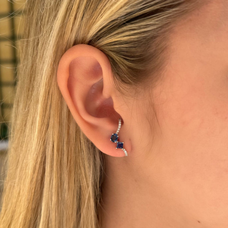 1.1ct Blue Sapphire Diamond 18K Gold Statement Earrings