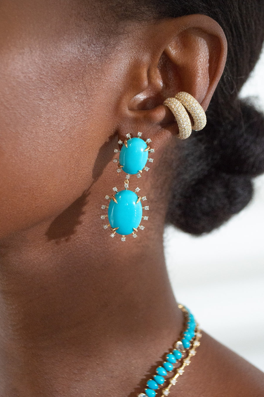 44ct Diamond Arizona Turquoise 18K Gold Sunburst Dangle Drop Earrings