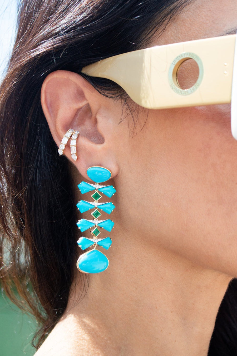 41.73ct Turquoise Diamond 18K Gold Statement Earrings