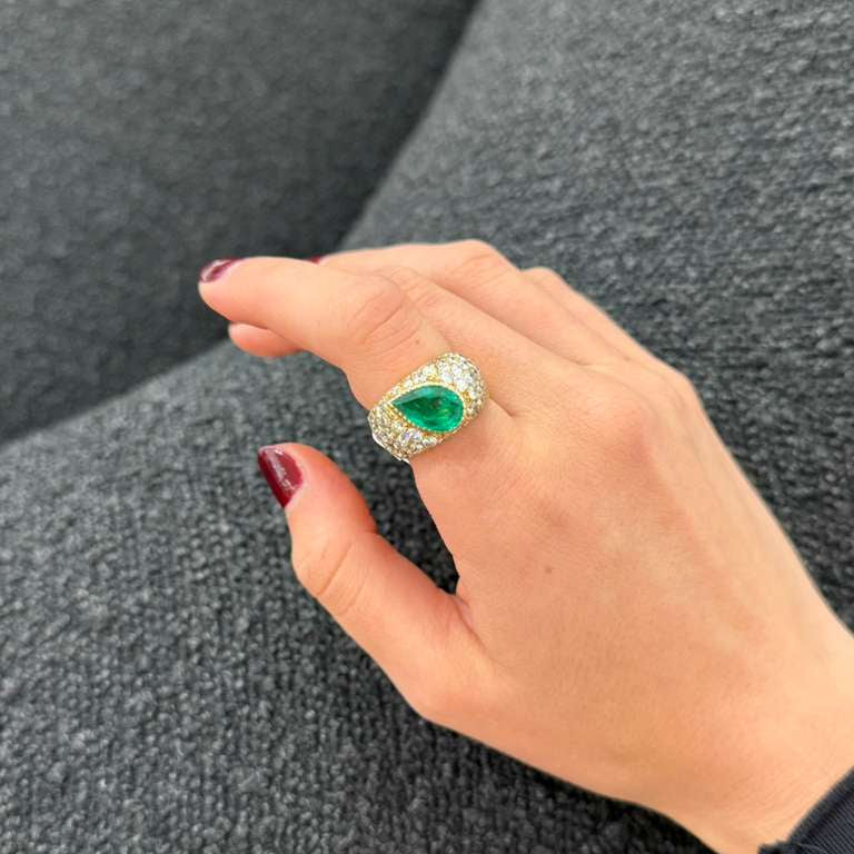 5.32ct Diamond Colombian Emerald 18K Gold Pear Ring