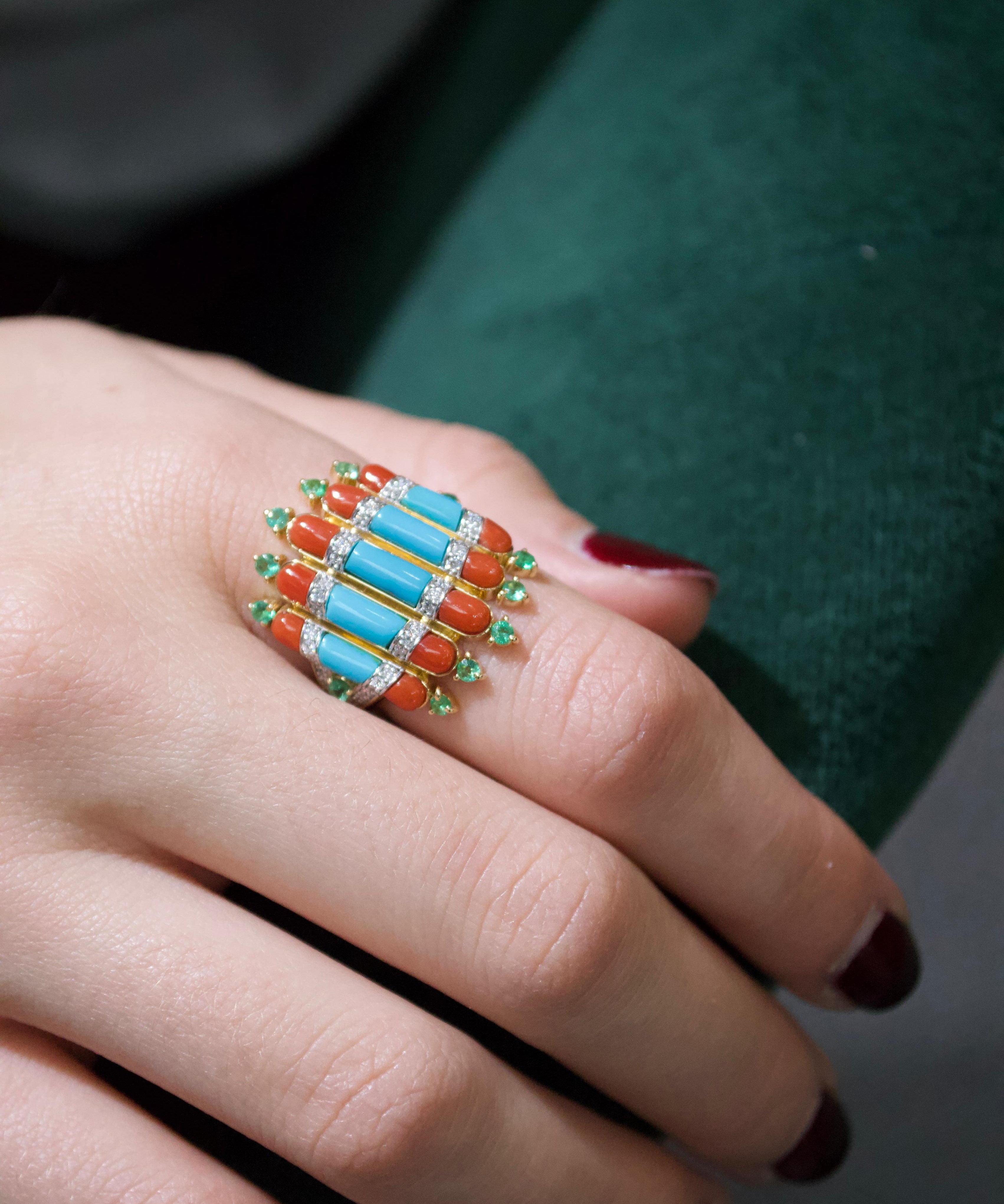 4.45ct Diamond Emerald Turquoise Coral 18K Gold Ring