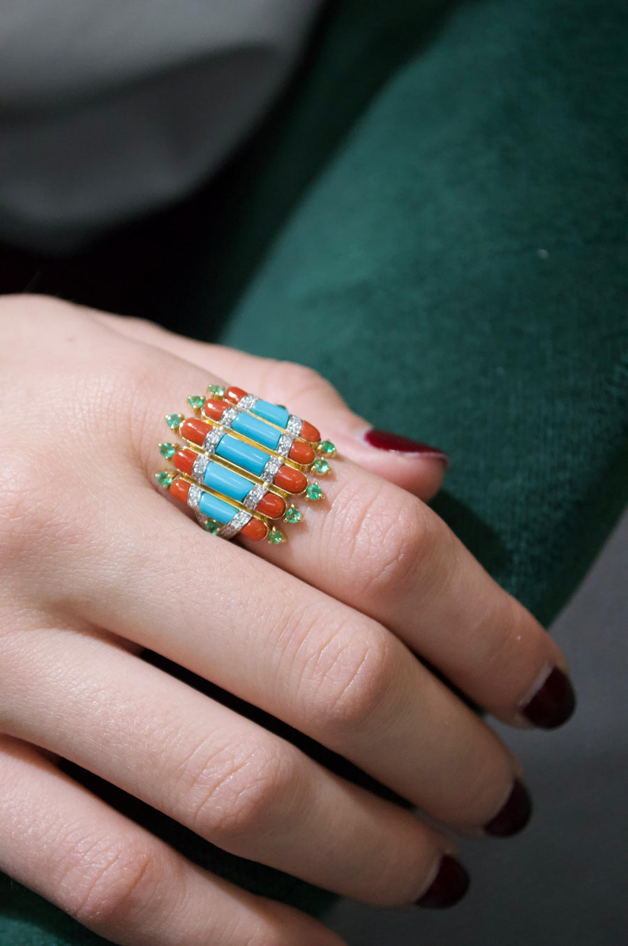 4.45ct Diamond Emerald Turquoise Coral 18K Gold Ring