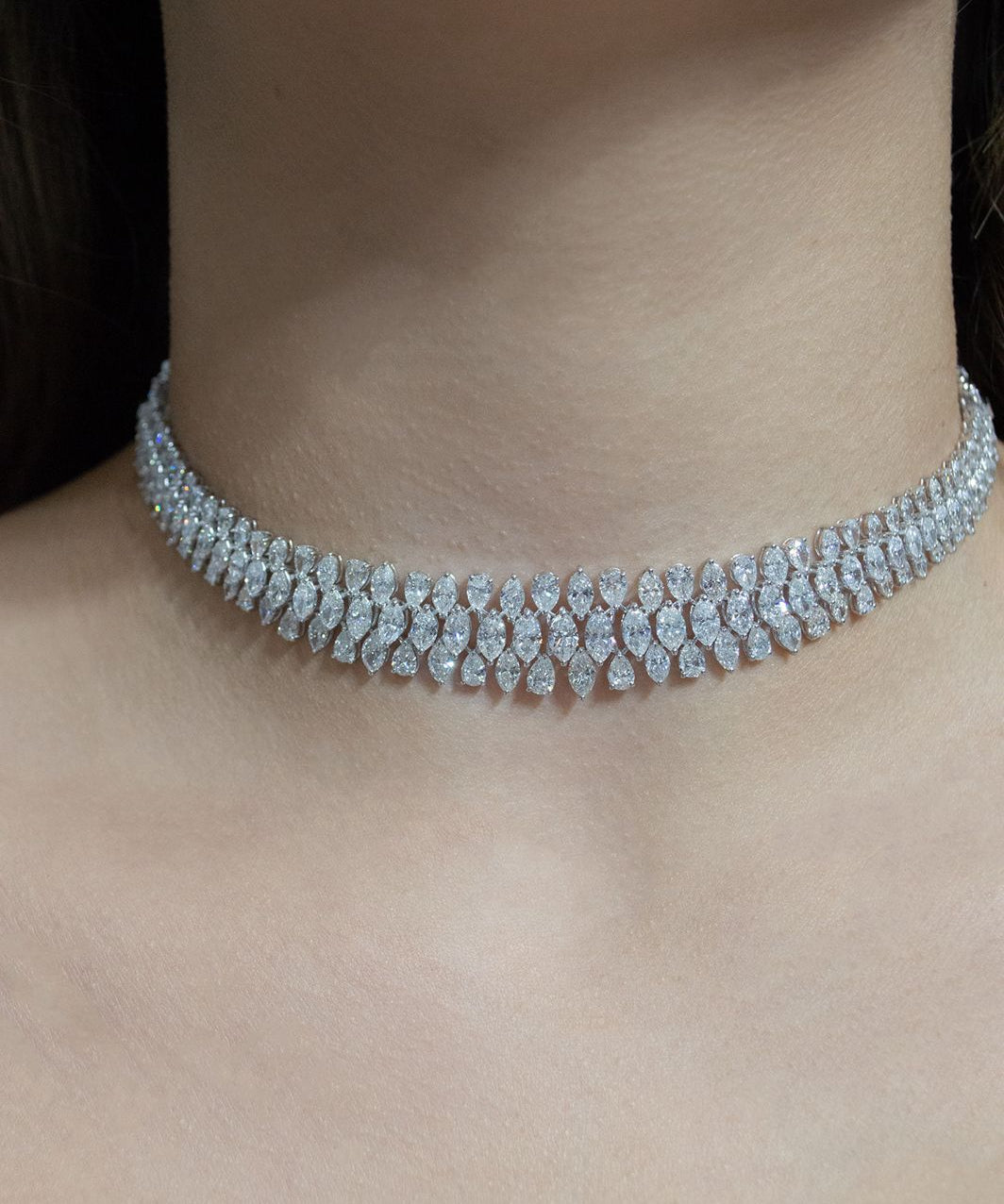 18.18ct Diamond 18K Gold Statement Three Row Choker Tennis Necklace