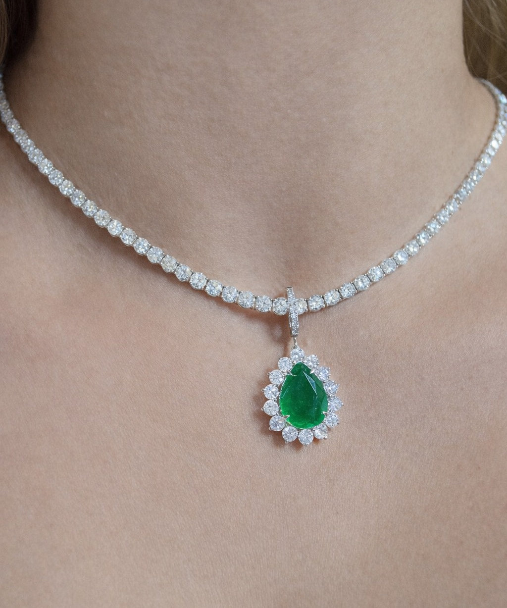 11.11ct Emerald Diamond 18K Gold Pear Halo Pendant