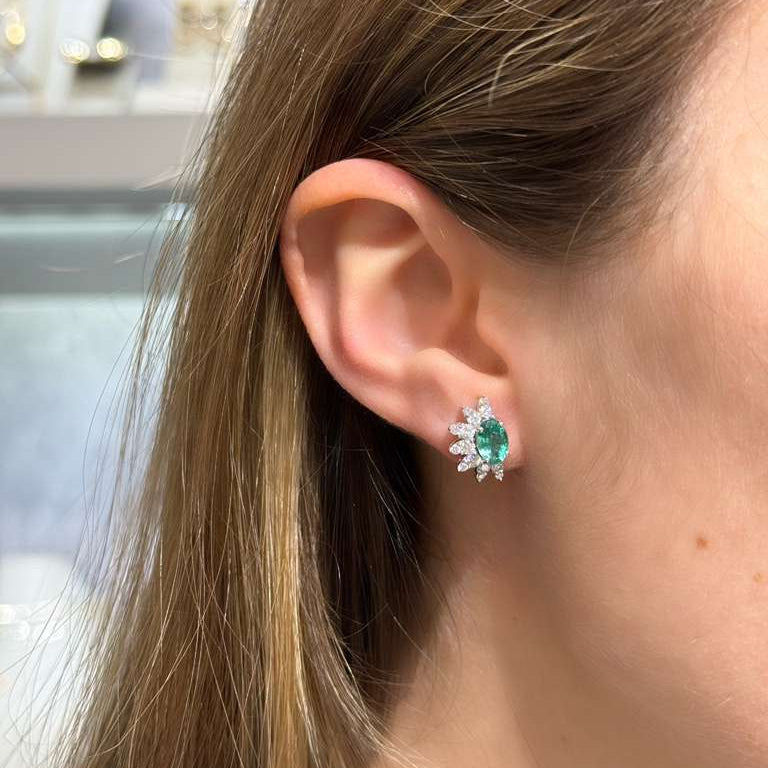2.34ct Diamond Emerald 18K Gold Half Halo Stud Earrings