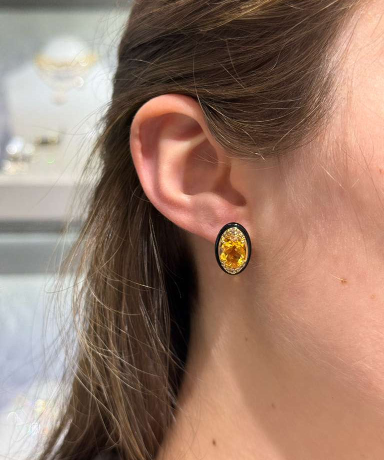 10.71ct Citrine Black Onyx Brown Diamonds 18K Gold Stud Earrings