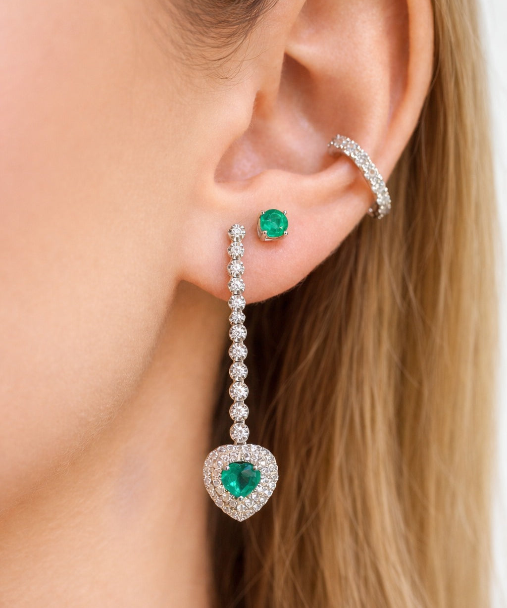 1.84ct Diamond Emerald 18K Gold Heart Drop Earrings